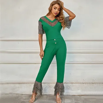 Yeşil İki Parçalı Set Yeni Tasarımcı Elmas Püskül Bandaj kadın kıyafetleri Moda Streetwear Geniş Bacak Pantolon Kulübü Parti 6
