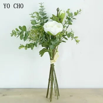 YO CHO Düğün Buket Gelin Nedime Yapay İpek Lotus Gül Çiçek Okaliptüs Yaprakları bebeğin Nefes Buket Ev Dekor