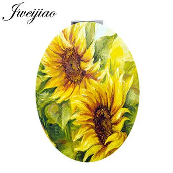 Youhaken Sunflowera Oval deri cep aynası sarı çiçekler Lotus Lilyum el makyaj aynaları Noel ıçin en ıyi hediye KL75 23