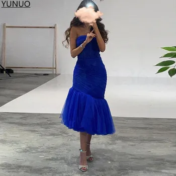 YUNUO Basit Kraliyet Mavi Tül Kokteyl balo kıyafetleri Straplez Mermaid Çay Boyu Parti Elbise robe de soirée femme Abiye giyim 20