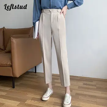 Yüksek belli düz kırpılmış pantolon 2022 ilkbahar ve yaz yeni Kore saf renk basit banliyö rahat harem pantolon kadın 19