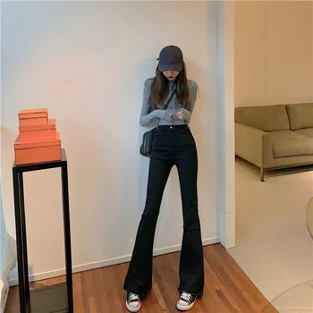 Yüksek Hafif Alevlendi Siyah Kot Pantolon Kadın 2021 Sonbahar Yeni İnce Yüksek Bel İnce Boynuz pantolon Kot Pantolon 5