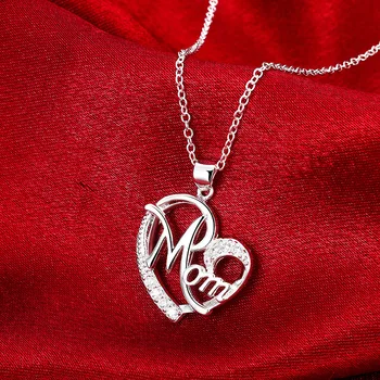 Yüksek kalite 925 Ayar Gümüş Charm Zarif ANNE Zirkon Kalp Kolye Kolye Kadınlar için Moda güzel Takı Anneler Günü Hediyesi 11