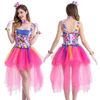 Yüksek Kalite Yeni Yetişkin Kostümleri Seksi Cadılar Bayramı Sirk Palyaço Renk Sling Prenses Elbise Elbise Sahne Performansı Giyim