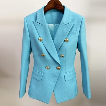 YÜKSEK SOKAK Yeni 2021 Pist Tasarımcı Blazer kadın Klasik Aslan Düğmeler Kruvaze Slim Fit Dokulu Blazer Ceket 7