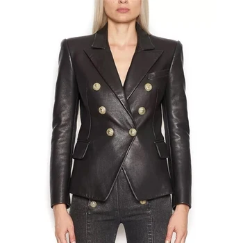 YÜKSEK SOKAK Yeni Barok Moda 2021 Tasarımcı Blazer Ceket kadın Aslan Metal Düğmeler Suni Deri Blazer Dış Ceket 4