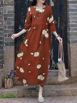 ZANZEA Vintage Pamuk Keten uzun elbise O Boyun Tatil Çiçek Baskı Kadın Vestidos Toplar 3/4 Kollu Rahat Zarif Maxi Elbiseler 10