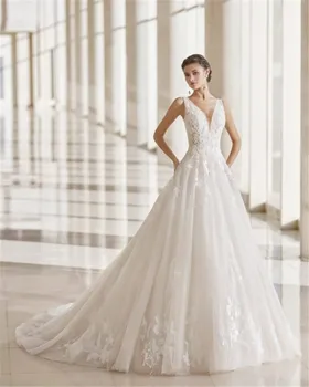 Zarif Derin V Yaka A-Line düğün elbisesi Klasik Backless Aplikler Gelin Elbise Dökümlü Robe de Mariee 20