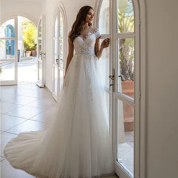 Zarif düğün elbisesi 2022 Kısa Kollu Boho Gelin Elbiseler Kadınlar İçin Bir Çizgi Fildişi Dantel Aplikler gelinlik Geri Düğmesi 21