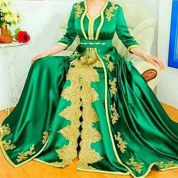 Zarif Hint Arapça Yeşil Abiye Yarım Kollu Vintage Kaftan Dubai balo kıyafetleri Altın Dantel Bir Çizgi Saten Parti 17