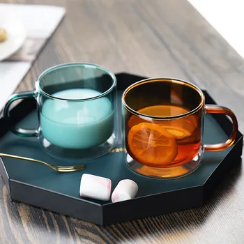 Çift cam su bardağı ev ısıya dayanıklı yaratıcı basit kahvaltı çift yalıtım kişiselleştirilmiş çay bardağı İskandinav kupa 270ml