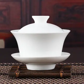 Çin Gaiwan çay seti Kung Fu Beyaz Seramik Gaiwan Beyaz Teaware Sancai çay bardağı İçin Pu erh Beyaz Çay Gümüş İğne 20