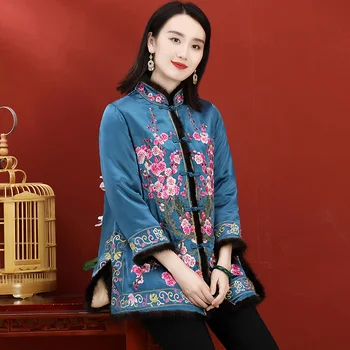 Çin Tarzı pamuklu ceket kadın Retro Disk Düğmesi İpek Asetat Nakış Tek Göğüslü İnce Ceket Artı Boyutu M-3XL 7