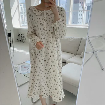 Çiçek Baskı Bahar Gecelik Tatlı Pamuk Kore Pijama Gevşek Uzun Kollu Uyku Elbise O-Boyun Ev Giysileri Gecelik 17