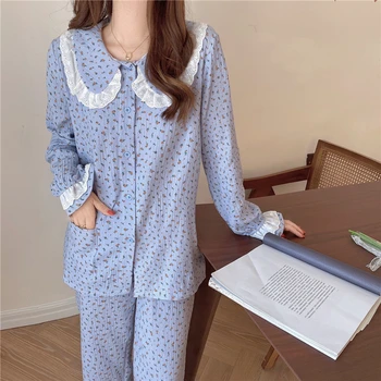 Çiçek Baskılı Pijama Seti Kadın pamuklu uzun kollu tişört Ev Takım Elbise Kore Dantel Turn Down Yaka Tek Göğüslü Gömlek + pantolon seti 5