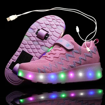 Çocuk Bir İki Tekerlekler İşıltılı Parlayan Sneakers Altın Pembe Led ışık Paten Ayakkabı Çocuklar Led Ayakkabı Erkek Kız USB Şarj 2
