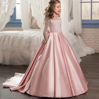 Çocuk Elbise Kız Dantel Saten İlmek Küçük Firar Çiçek Kız Prenses Elbise Çocuklar Kızlar için Elbiseler düğün elbisesi 18