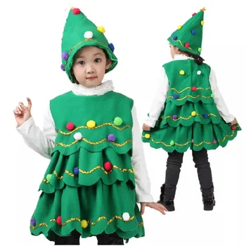 çocuk kız Noel ağacı cosplay Noel baba yeşil elf kostüm festivali çocuklar için yeni yıl partisi elbisesi şapka ile 2-9 Y