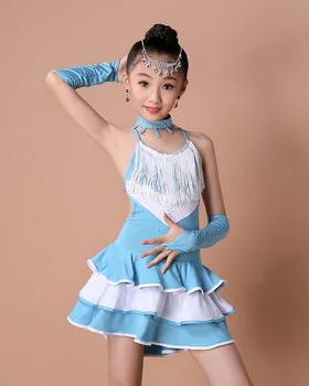 Çocuk Profesyonel Latin Dans Elbise Kız Performansları Parlak Elmas Püsküller Takım Elbise Kız Latin Dans Elbise B-5636