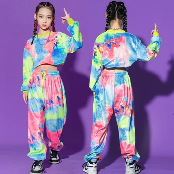 Çocuklar Hip Hop Giyim Batik Kazak Kırpma Üstleri StreetwearOutfits koşucu ter pantolonu Kızlar İçin Caz dans kostümü Elbise 15