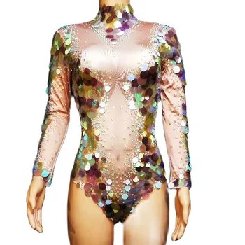 Çıplak Shining Sequins Seksi Kadınlar Rhinestones Fermuar Bodysuits Kutup Dans Sahne Kostüm Partisi Bar Giyim Rave Kıyafetler