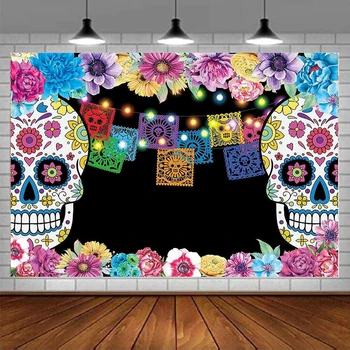 Ölü Fotoğraf Backdrop Meksika Şeker Kafatası Fiesta Çiçekler Arka Plan Dia DE Los Muertos Çiçek Elbise Parti 5