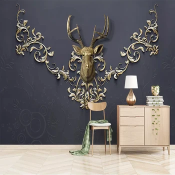 Özel 3D Duvar duvar bezi Avrupa Desen Kabartmalı Altın Geyik Kafası Duvar Kağıdı Oturma Odası Yatak Odası Duvar Ev Dekor İçin 3D Fresk 22