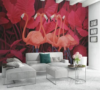 Özel 3D duvar kağıdı duvar kırmızı tropikal bitki yaprakları flamingo arka plan duvar 4
