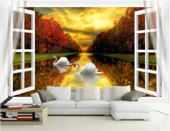 Özel fotoğraf duvar kağıdı duvarlar için 3 d duvar resimleri Modern pencere kuğu manzara orman göl 3D arka plan duvar kağıtları ev dekor
