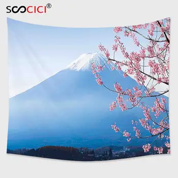 Özel Goblen Duvar Asılı, Manzara Japonya Asya Dekor Dağ Fuji ve Kiraz Çiçekleri ve Göl Kawaguchiko Gök Mavisi ve Pembe