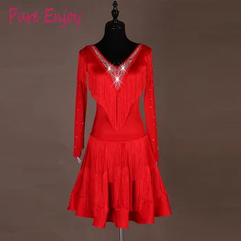 Özel Yapılmış püskül latin dans elbise kadın latin elbise kırmızı salsa elbise latin uygulama giyim latin rekabet elbise salsa kostüm