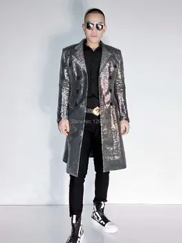 Özelleştirilmiş S-4XL erkek Sequins Uzun Ceket Gümüş Gri Uzun Tasarım Ceket Şarkıcı Dans Sahne Giyim Giyim Parlak Kostüm Kıyafet 5