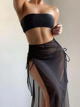 Üç Parçalı Set Bikini Mayo 2023 Siyah Kapak-up Kadınlar İçin Etekler Mayo Seksi Tüp Üst Mayo Yüzme Plaj Kıyafeti 7