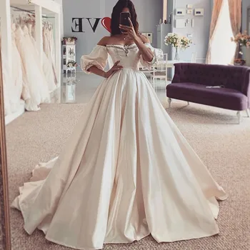 Şampanya Pembe Saten düğün elbisesi 2021 Gerçek Puf Kollu gelin elbiseleri Vintage Prenses Gelinlikler Kristaller Lace up Geri 3